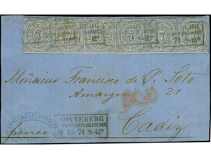 7 Kr. graublau, waagerechtes Paar und 4 Einzelwerte mit Ra3 "SONNEBERG IN SACHS.MEIN. HILDBURGH. 8 10 71" auf Briefvorderseit