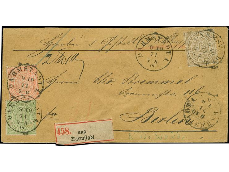 18 Kr. ocker, 1 Kr. grün und 2 Kr. orange mit klar auf- und nebengesetztem EKr. "DARMSTADT 9 10 71" auf Paketbegleitbrief nac