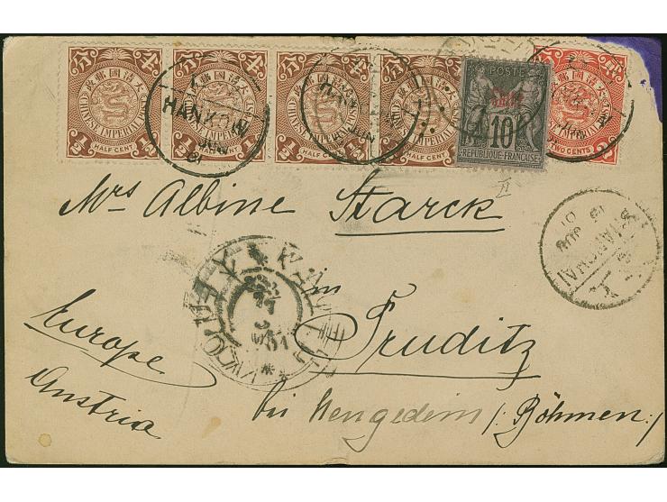 1898, Coiling Dragon ½ c. brown horizontal strip of four together with 2 c. red, all tied by cds. "HANKOW JUNE 01" &nbsp;to p