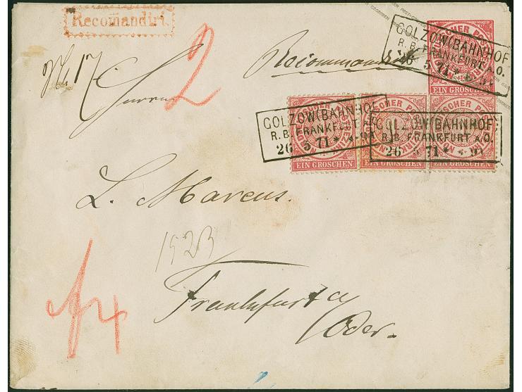 Umschlag 1 Gr. im Großformat mit Zufrankatur 1 Gr. gezähnt, Einzelmarke und waagerechtes Paar, mit Ra3 "GOLZOW (BAHNHOF) R.B.