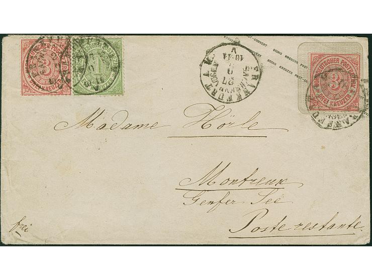 Umschlag 3 Kr. auf Preußen 2 Kr. orange, mit Zufrankatur 1 Kr. grün und 3 Kr. karmin, mit EKr. "FRANKFURT A.M. SACHSENHAUSEN 