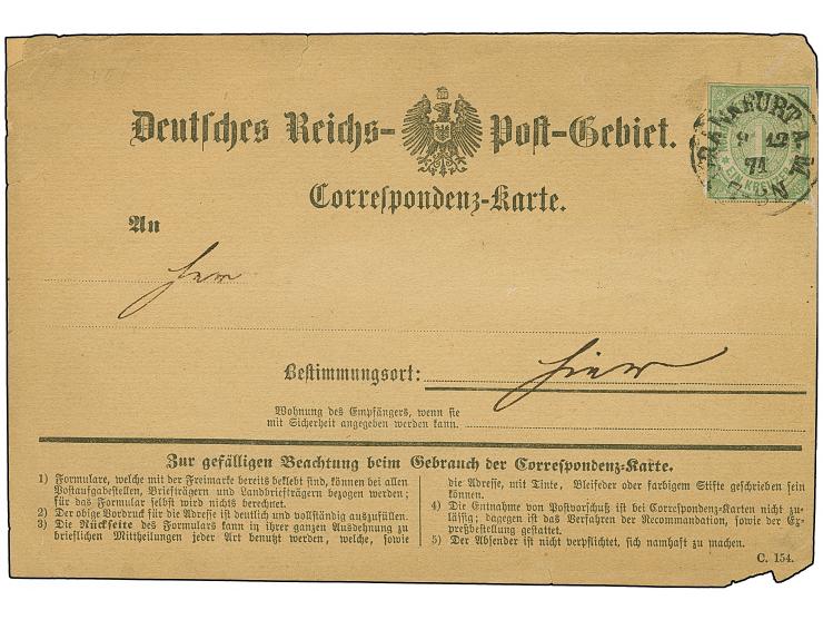 Ausschnitt 1 Kr. grün, mit EKr. "FRANKFURT A.M. 9 12 71" auf Korrespondenzkarte 'Deutsches Reich-Post-Gebiet', als Ortskarte 