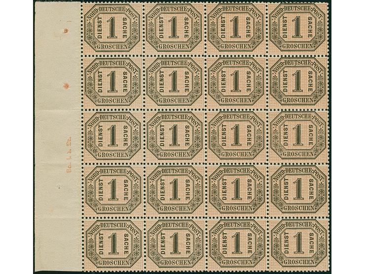 1 Gr. im senkrechten zwanziger-Block vom linken Bogenrand mit Anlagepunkten sowie Randinschrift "Pc.f.d.Dr." (Punkte für den 