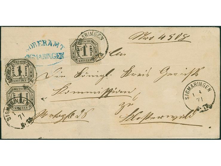 1 Kr., senkrechtes Paar und Einzelmarke mit EKr. "SIGMARINGEN 1/8 71" auf doppelt verwendeter Briefhülle (innen frankiert mit