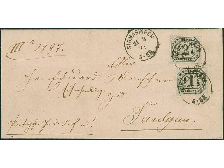 2 Kr. und 1 Kr., beide gut gezähnt, mit EKr. "SIGMARINGEN 21 8/71" auf portopflichtiger Dienstsache nach Saulgau in Württembe