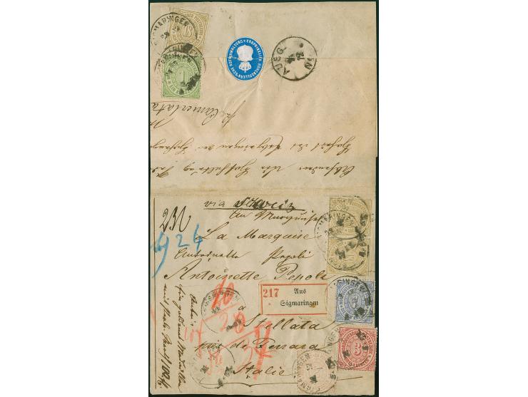 18 Kr. ocker, waagerechtes Paar und Einzelstück, mit gezähnter Ausgabe 1 Kr. grün, 2 Kr. orange, 3 Kr. rot und 7 Kr. blau mit