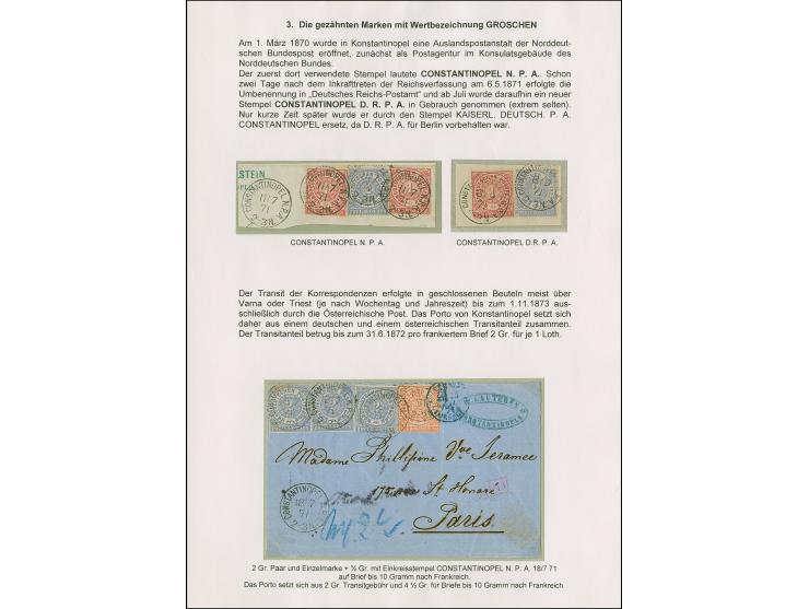 NORDDEUTSCHES POSTAMT IN KONSTANTINOPEL: zwei Briefstücke mit Farbfrankaturen 1 und 2 Gr., dabei der seltene Stempel "D.R.P.A