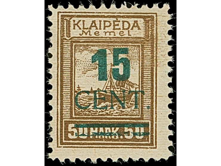 1923, Grünaufdruck 15 C. auf 50 M. dunkelockerbraun, mit Aufdruck in Mischtype, “'1' in Type II und ‘5’ in Type I, von Aufdru