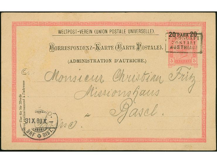 Ganzsachenkarte 20 Pa. a. 5 Kr. mit alleiniger Entwertung durch Ra3 “PIROSCAFI POSTALI ITALIANI” bedarfsgebraucht nach Basel 
