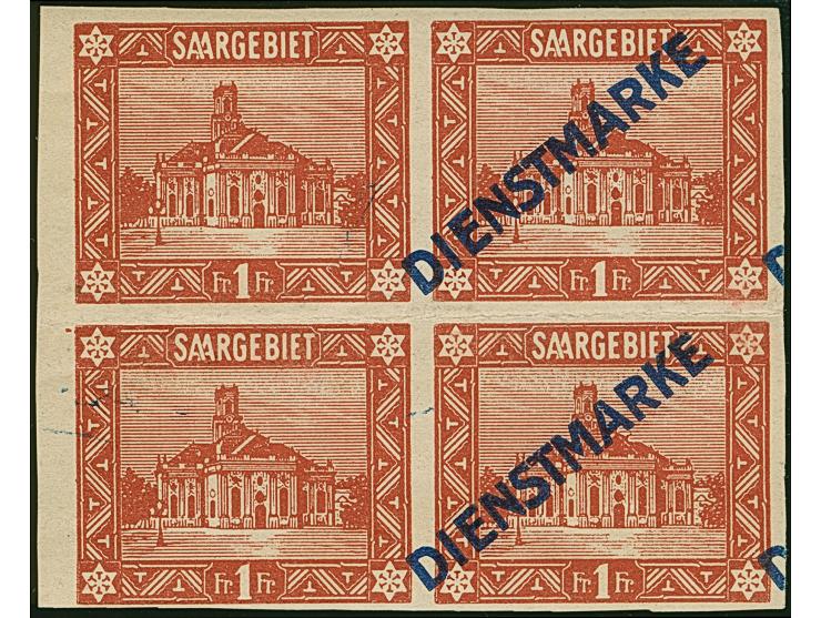 1922, 1 Fr., Aufdruck in Type I, ungezähnter Viererblock vom linken Bogenrand, dabei die linken Marken ohne Aufdruck (kleiner