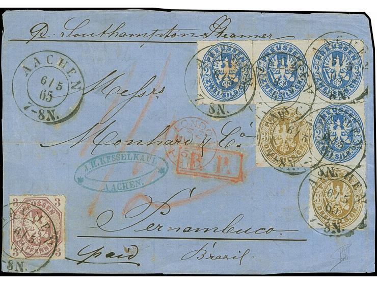 3 Pfg. grauviolett, zusammen mit 2 Sgr. ultramarin, waagerechter 3er-Streifen und Einzelstück sowie 2 Einzelwerten 3 Sgr. ock