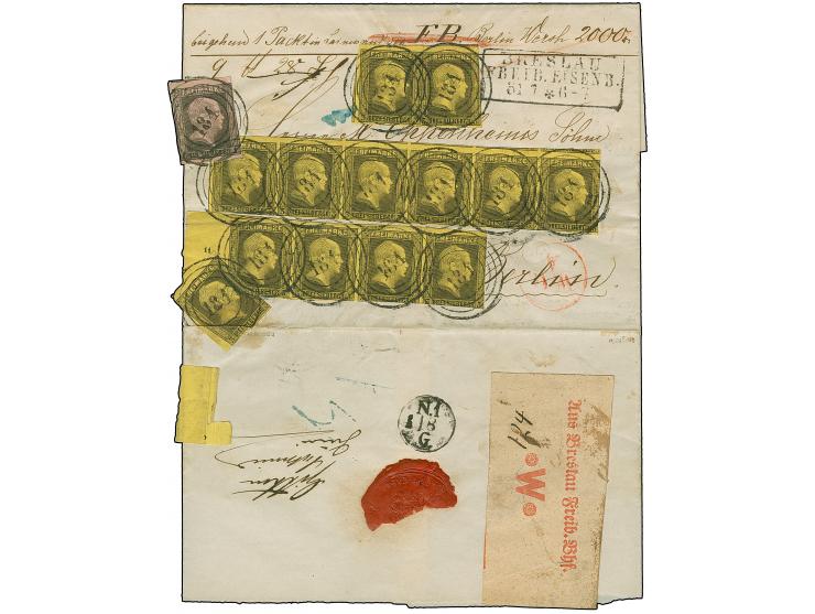 3 Sgr. auf gelb, waagerechter 6er-Streifen, 4er-Streifen mit breitem linken Bogenrand mit Reihenzähler "11", Paar und Einzelw