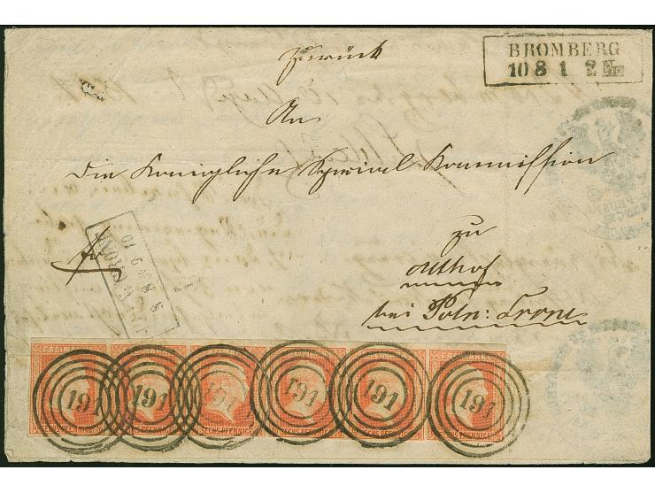 ½ Sgr.&nbsp; orange im waagerechten 6er-Streifen, farbfrisch, 2 Werte unten leicht berührt, sonst voll- bis breitrandig, mit 