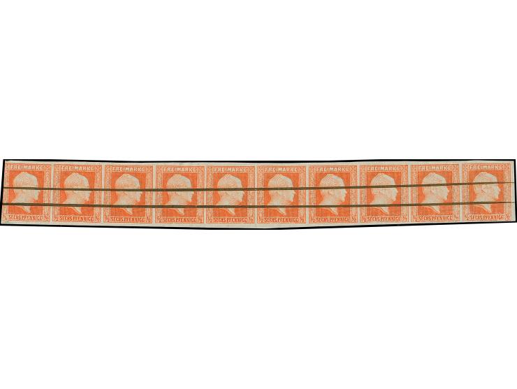 ½ Sgr. orange im waagerechten 10er-Streifen, die 4 rechten Werte mit Druckausfall in der unteren Randlinie, farbfrisch, der l