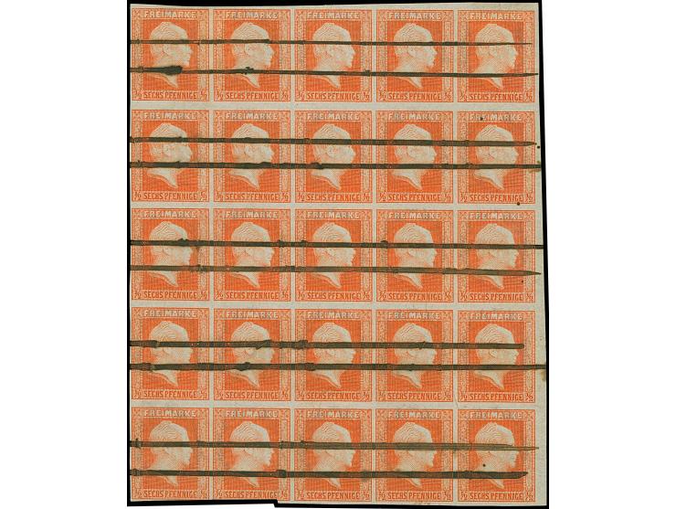 ½ Sgr. orange im senkrechten 25er-Block, farbfrisch, 2 Werte unten angeschnitten, sonst voll- bis breitrandig, entwertet durc