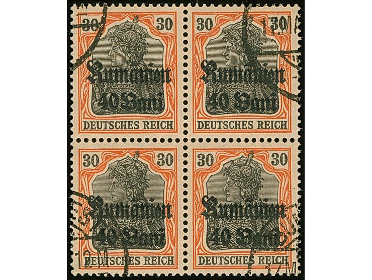 1918, 40 bani auf 30 Pfennig, Viererblock, dabei die linke obere Marke mit Zwischenraumabart, sauber gestempelt, tadellos, Fo