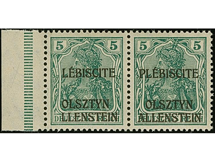 1920, Aufdruckausgabe Germania 5 Pfennig im waagerechten Paar, dabei die linke Marke mit Aufdruckfehler “fehlendes P von PLEB