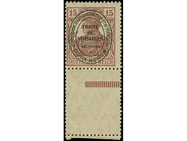 1920, Aufdruckausgabe im Hochoval 15 Pfennig braunrot, unten mit kompletten, gezähnten Leerfeld in Markengröße, postfrisch, t