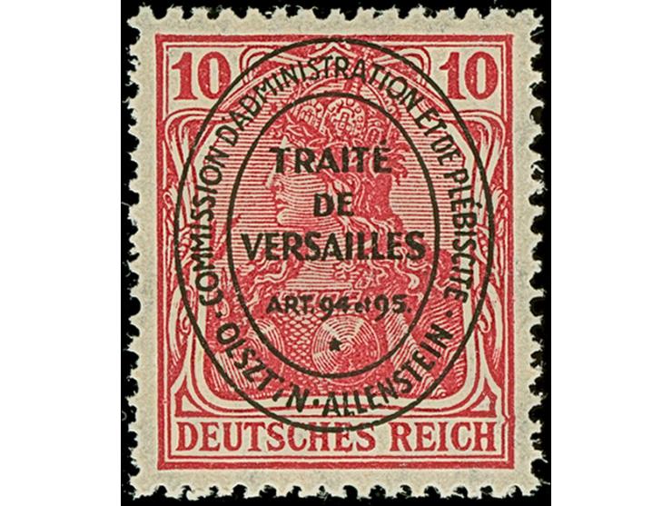 1920, Aufdruckausgabe im Hochoval Germania 10 Pfennig rot mit Urmarkenplattenfehler “innere Randlinie rechts über Reich nach 