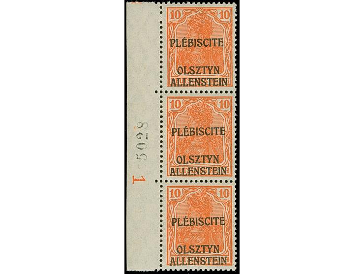 1920, Nicht ausgegeben Germania 5-10 Pfennig, je im senkrechten Rand-Dreierstreifen mit Seitenrandnummer “1” und Bogenzählnum