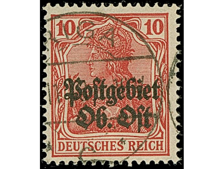 1916, Germania 10 Pfennig dunkelrot, farbfrisch und hervorragend gezähnt, sauber mit Stempel “RIGA 11.18 9-10V.” entwertet, t