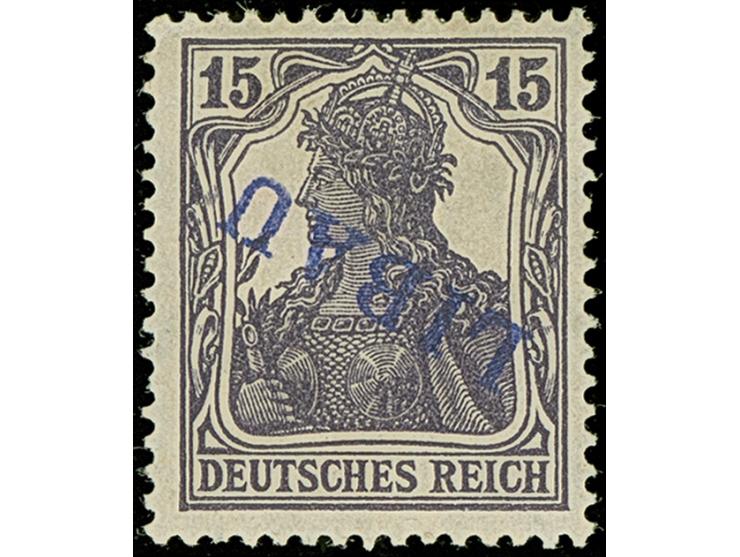 1919, Aufdrucktype II, violettblauer Aufdruck: Germania 15 Pfennig schwarzviolett, kopfstehender Aufdruck, farbfrisch und gut