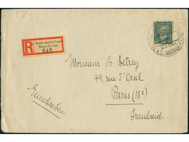 “DASP BREMEN-NEW YORK D. BREMEN 17.2.32” etwas undeutlich auf Stephan 80 Pfg. auf etwas überfrankiertem R-Brief der 2. Gewich