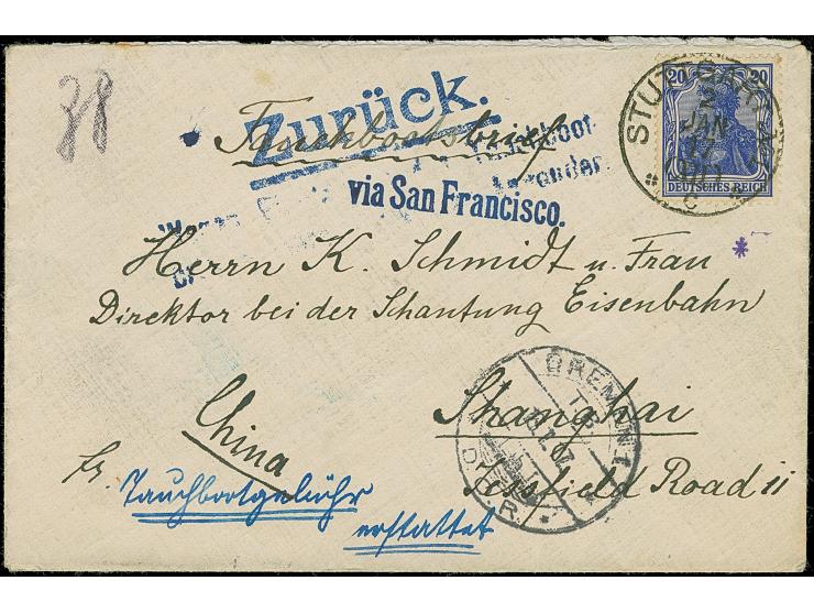 1915, Germania 20 Pfg. mit Stempel “STUTTGART No. 2 2.JAN.17” auf Tauchbootbrief mit Leitstempel “via San Francisco” via Brem