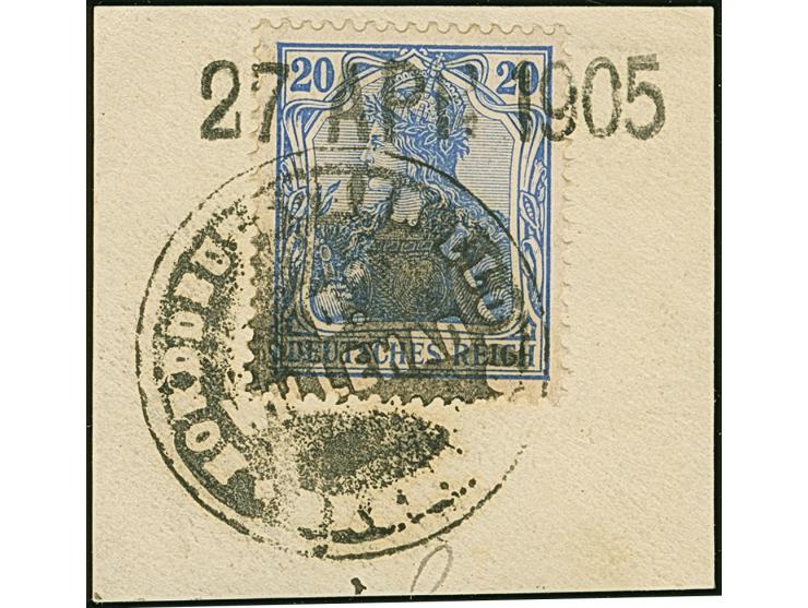 “D. WILLEHAD NDL BREMEN” Dienstsiegel in Schwarz auf Germania 20 Pfg. auf Briefstück mit übergehendem Datums-L1 "27.APR.1905)