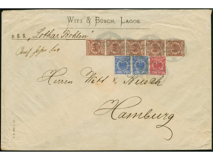 “DSP LINIE HAMBURG-WESTAFRIKA XV. 27.10.96” (D. Lothar Bohlen) mehrfach recht klar auf senkrechten, leicht angetrennen 5er-St