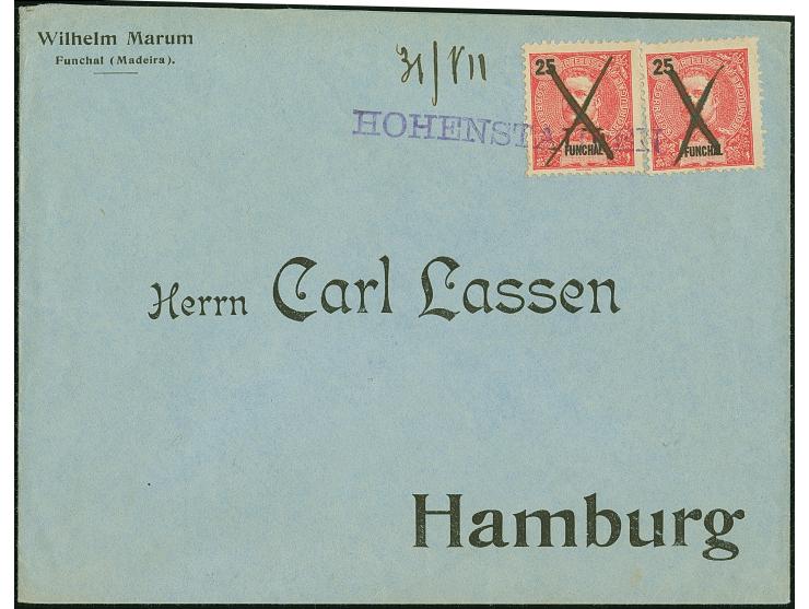 1910 (ca.), “HOHENSTAUFEN” violetter L1 auf zwei Einzelmarken Funchal 25 R. mit Federstrich-Entwertung und nebengesetztem Dat