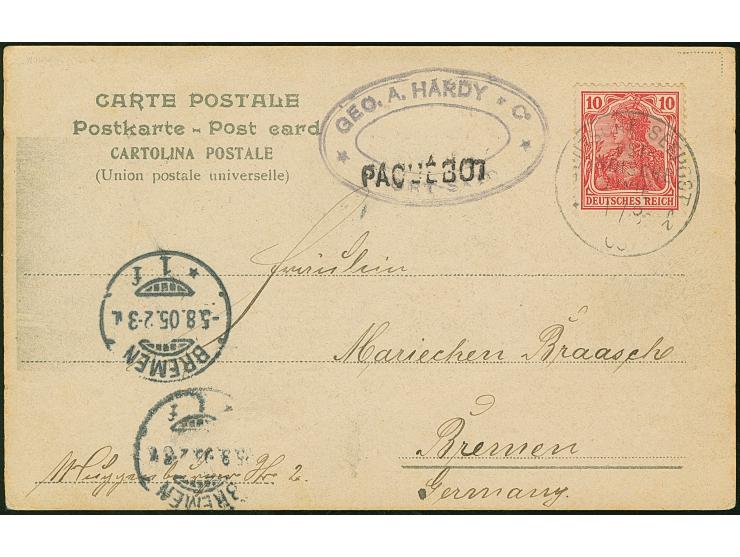 “DSP OST-INDISCHE LINIE *l 1.8.05" recht klar auf Germania 10 Pfg. auf Ansichtskarte “Port Said” mit Grußtext und L1 “PAQUEBO