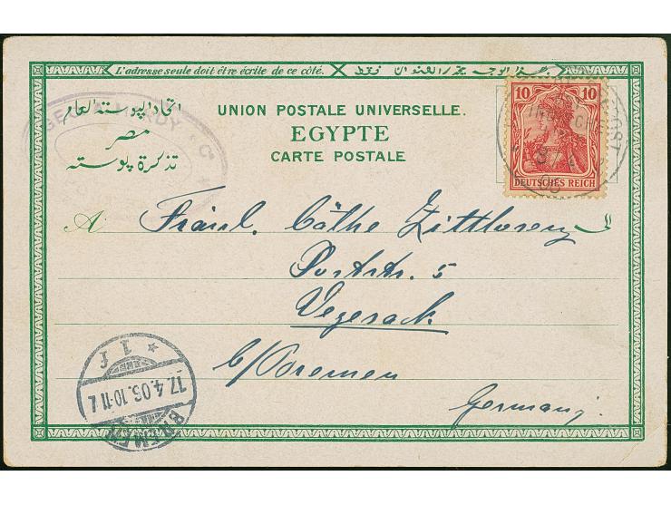 “DSP OST-INDISCHE LINIE *l 8.4.06" klar auf Germania 10 Pfg. auf Ansichtskarte “Alexandria” mit Text und Datierung “Suez 8.4.