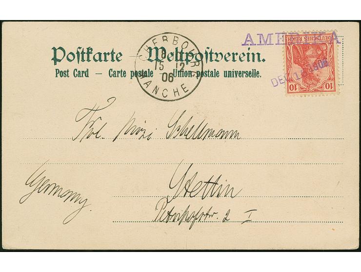 1906, “AMERIKA” violetter L1 und Datums-L1 “DEC.15.1906” jeweils klar auf zwei Marken Germania 10 Pfg. mit Wasserzeichen auf 