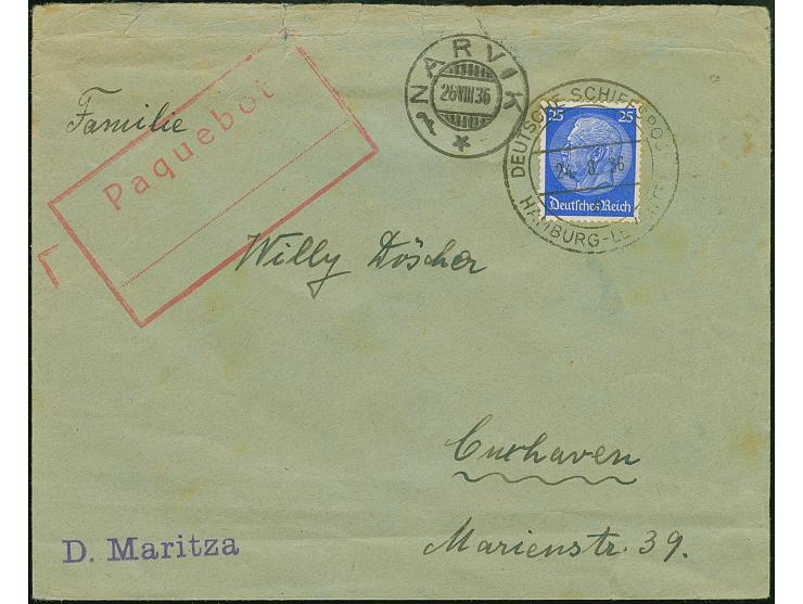 “DSP HAMBURG-LEVANTE f 24.8.36” (D. Maritza) klar auf Hindenburg 25 Pfg. auf Brief mit rotem Rahmenstempel “Paquebot” via Nar