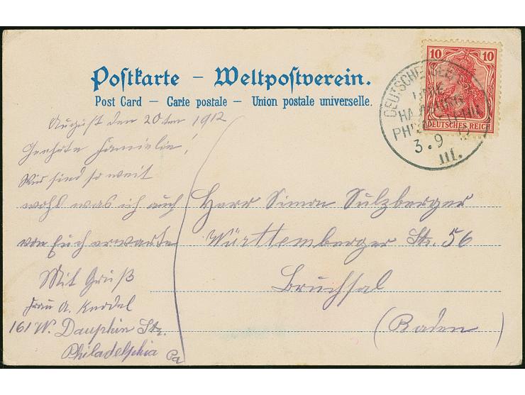 “DSP LINIE HAMBURG-PHILADELPHIA III. 3.9.12” (D. Prinz Adalbert) klar auf Germania 10 Pfg. auf Schiffsansichtskarte mit Text 