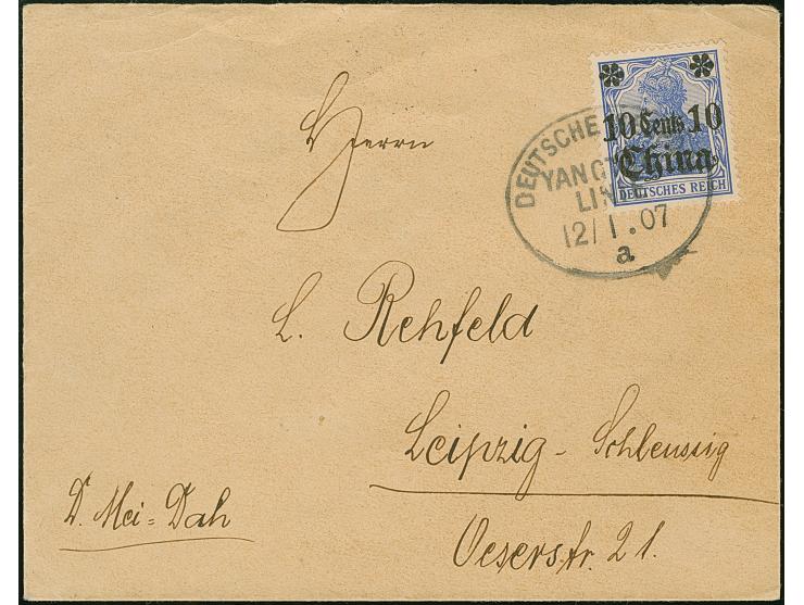 “DSP YANGTSE-LINIE a 12.1.07” (D. Mei-Dah) klar auf 10 C. auf 20 Pfg. auf Brief nach Leipzig. Der Umschlag mit Beförderungssp