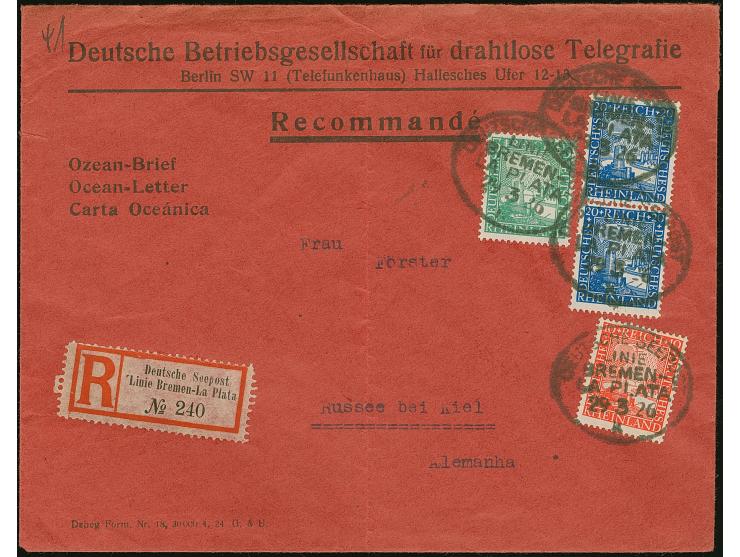 1926, “DSP LINIE BREMEN-LA PLATA k 29.3.26” mehrfach klar auf 1000 Jahre Rheinland 5 Pfg., 10 Pfg. und senkrechtes Paar 25 Pf
