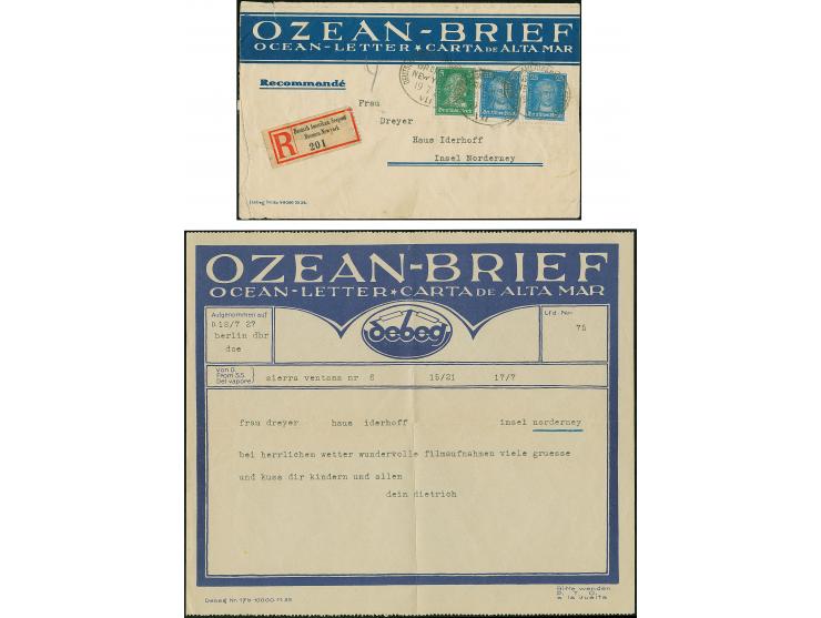 1926, “DSP BREMEN-NEW YORK VII 19.7.27” (D. Bremen) mehrfach auf Berühmte Deutsche 5 Pfg. und waagerechtes Paar 25 Pfg. als t