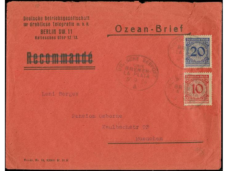 1924, “DSP LINE BREMEN-LA PLATA a 20.9.24” mehrfach klar auf Rentenpfennig 10 und 20 Pfg. als tarifgerechte Frankatur auf Oze