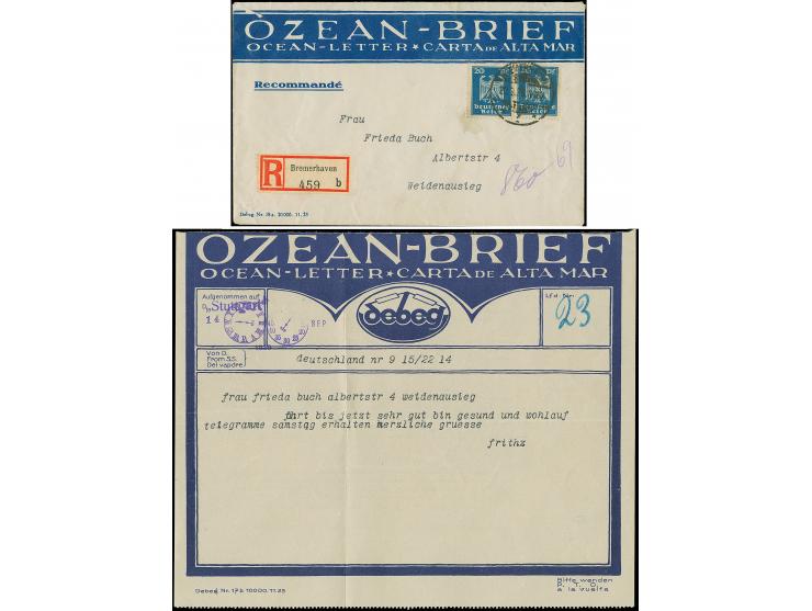 1926, Adler 20 Pfg. im waagerechten Paar mit Stempel “BREMERHAVEN 20.9.26” auf R-Ozean-Brief komplett mit Telegramm vom Dampf