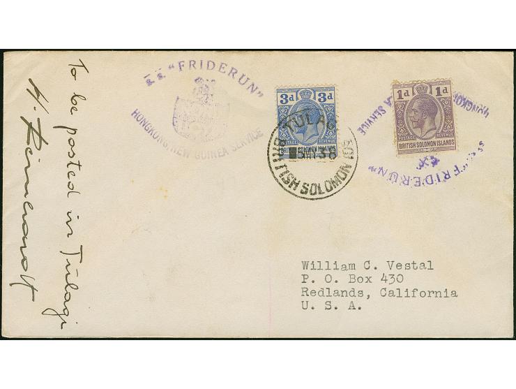 1938, “SS FRIDERUN HONKGONG, NEW GUINEA SERVICE”, violetter Bordstempel auf British Solomon Island 1 P. violett und 3 P. mit 