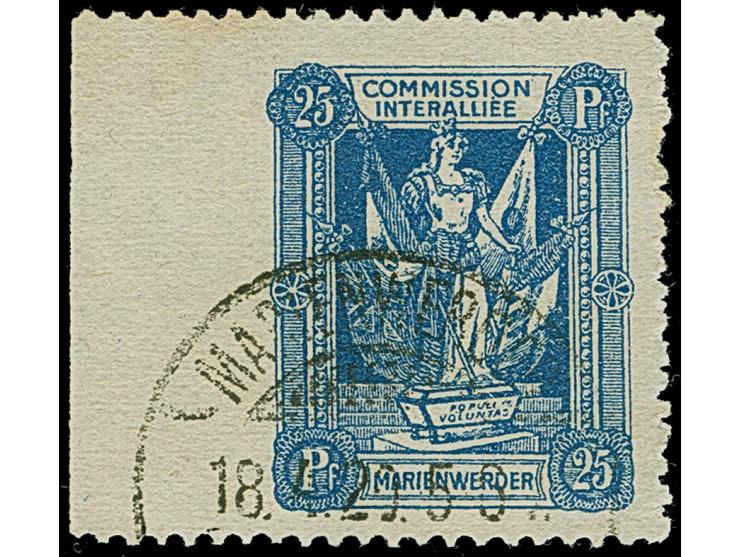 1920, 1. Mailänder Ausgabe 25 Pfennig dunkelultramarin, linkes Seitenrandstück, links senkrecht ungezähnt, sauber gestempelt,