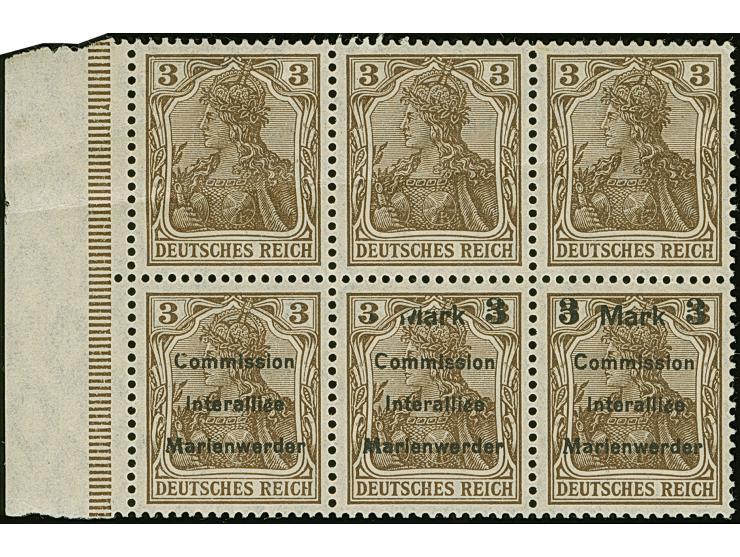 1920, Germania 3 Mark auf 3 Pfennig, 6er-Block mit linkem Seitenrand, Bogenfelder 1-3 und 11-13, durch Bogenumschlag die ober