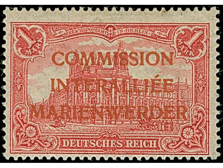 1920, 1 Mark mit Mediävalaufdruck in rot, sauber ungebraucht, tadellos, eine sehr seltene Marke, u.a. sign. Speckin sowie Fot