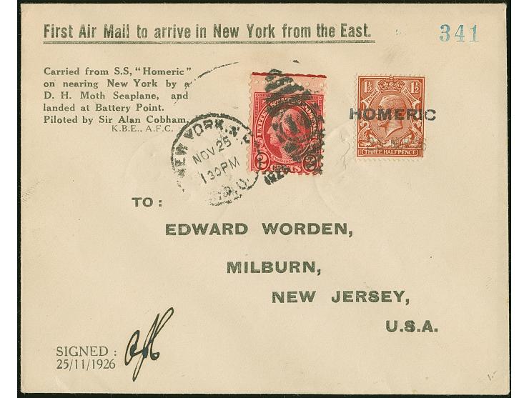 1926, König Georg V. mit schwarzem L1 “HOMERIC” auf Luftpost-Vordruckbrief als Versuchs-Vorausflug von der SS Homeric für spä