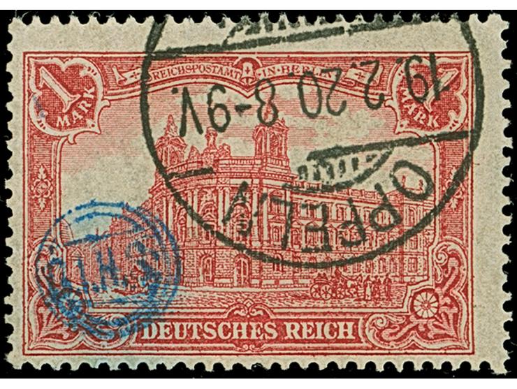 1920, Germania 1 Mark dunkelkarminrot, mit leicht erkennbarem zweiten Handstempelteilabdruck, farbfrisch und gut gezähnt, sau