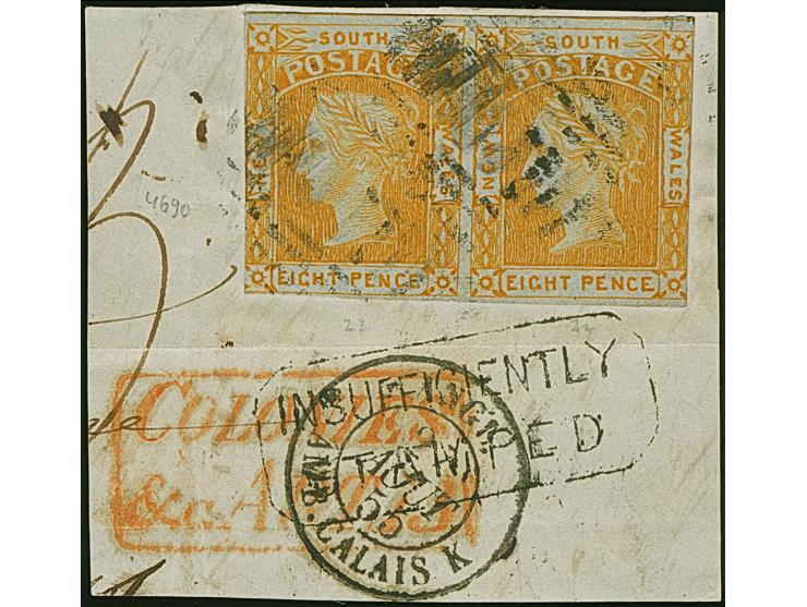 1853, QV 8 d. orange-yellow, horizontal pair, well margins on two sides, minimally touched at left and right, tied to foreign
