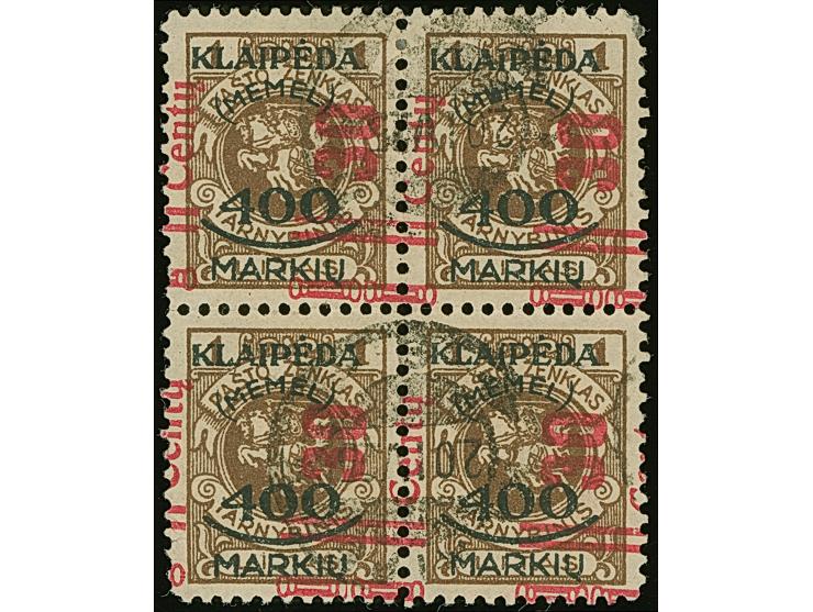 1923, 30 Cent auf 400 Mark. auf 1 Litas braun, Type I, Viererblock mit stark verschobenem Aufdruck, farbfrisch und meist gut 