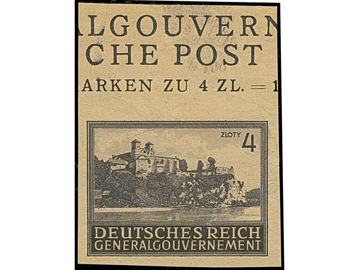 1943, Kloster Tyniec 4 Zloty, Probedruck auf gelblichem Andruckpapier, Oberrandstück mit Teilinschrift “LGOUVERN...”, ohne Gu